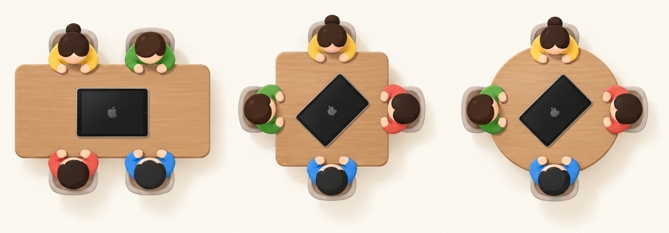 Examples showing how to align the iPad with rectangular, square, and round tables