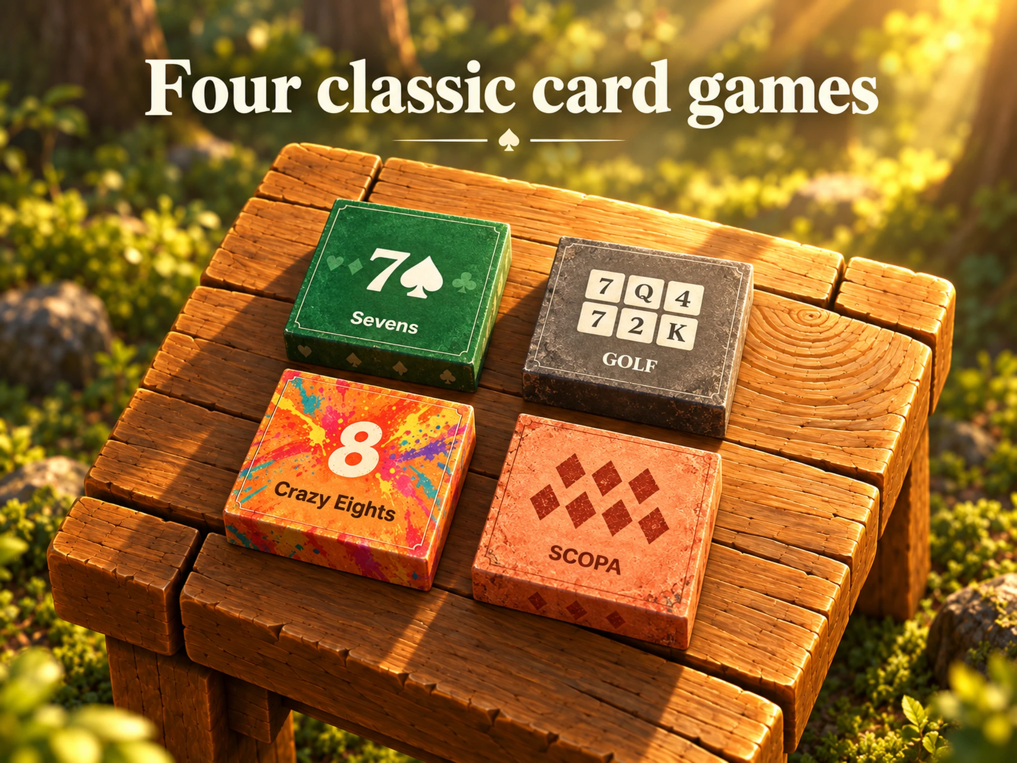 Four classic card games on Table: Sevens, Golf, Crazy Eights, and Scopa